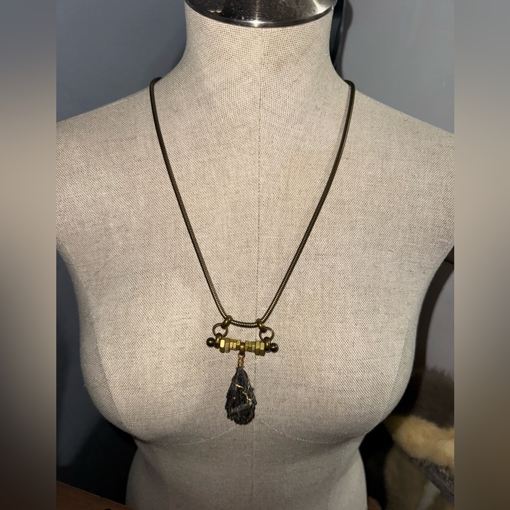 Biko Design Natural Stone Antique Gold Pendant Necklace Snake Chain 28”